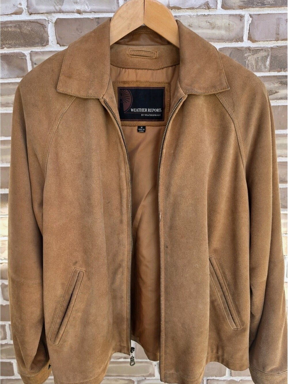 Weather Report Mens M Brown Suede Leather Jacket Weatherproof Zip Vintage Style